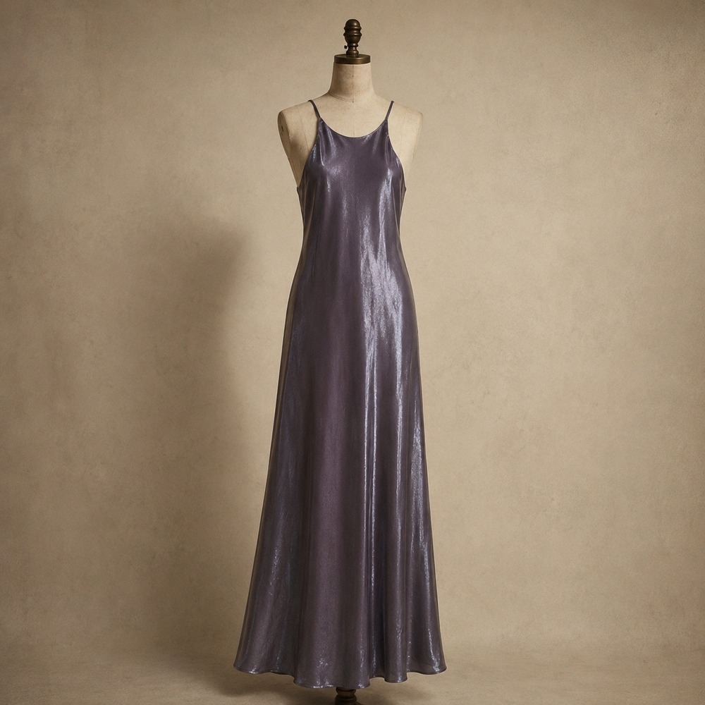Vtg 90s Night Way Collections Iridescent Purple Maxi Halter Dress 10 Metallic